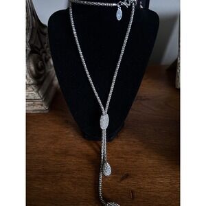 Chicos Silver Tone Rhinestone Sparkle Bolo Tie Necklace Adjustable Drop